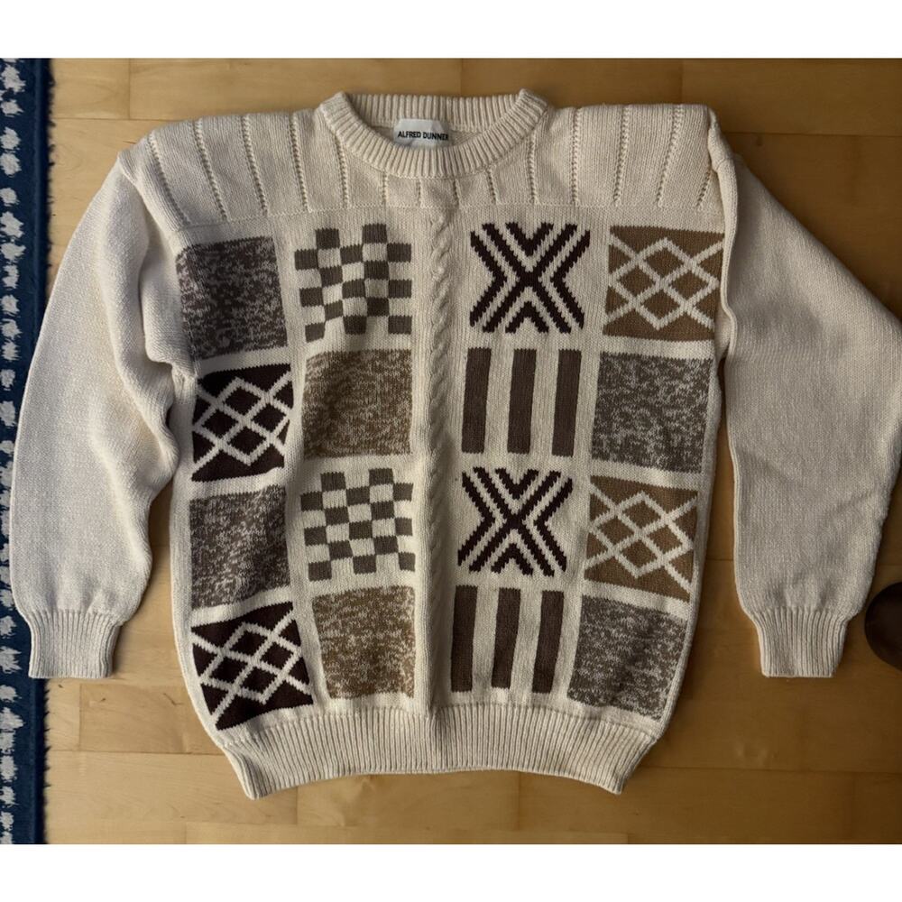 Vintage 90s Coogi Style Geometric Cream Patchwork Knit Sweater M